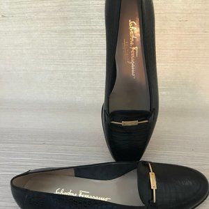 Salvatore Ferragamo Loafers Black Leather Croc Embossed  Sz 10 NEW Never Worn